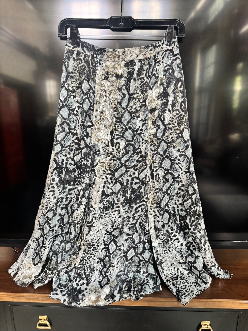Alice + Olivia Black and Cream Snake-Print A-Line burn out silk Midi Skirt